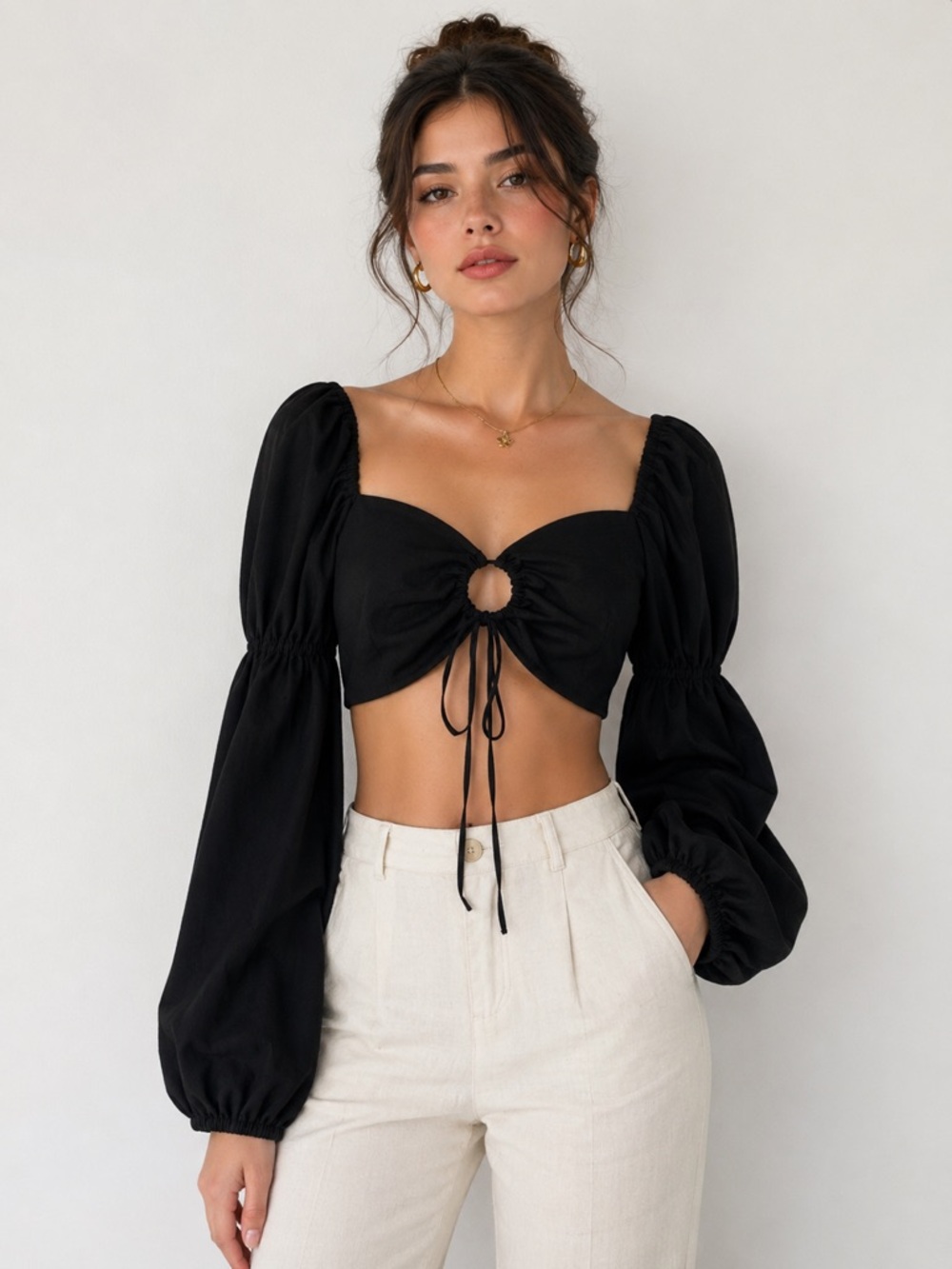 Womens Crop Top M Navy Puff Sleeve Festival Regency Coquette Romantic Summer